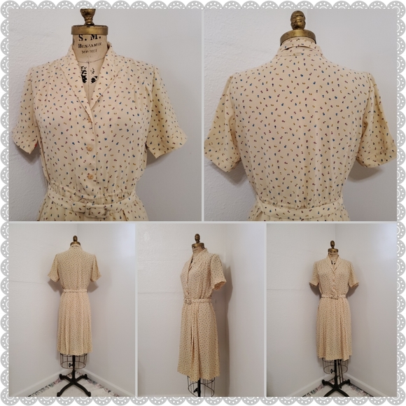 De Maruz | Vintage Cream Natural Floral Belted Pleaded Midi Dress - Picture 3 of 7